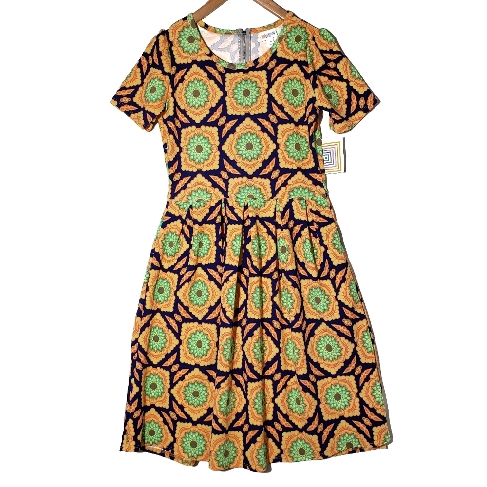 NEW Lularoe Amelia Mod Floral Dress S Fit &‎ Flare Blue Yellow Orange NWT